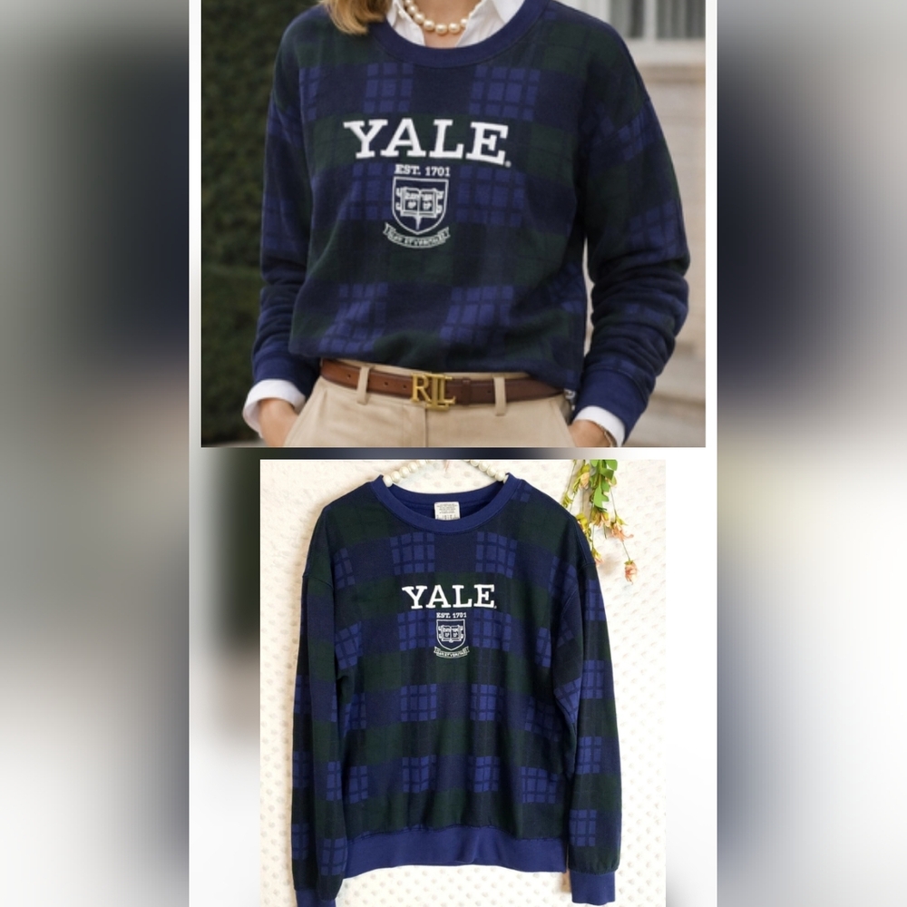 YALE University Plaid Crewneck Sweatshirt - Navy & Green Gilmore Girls